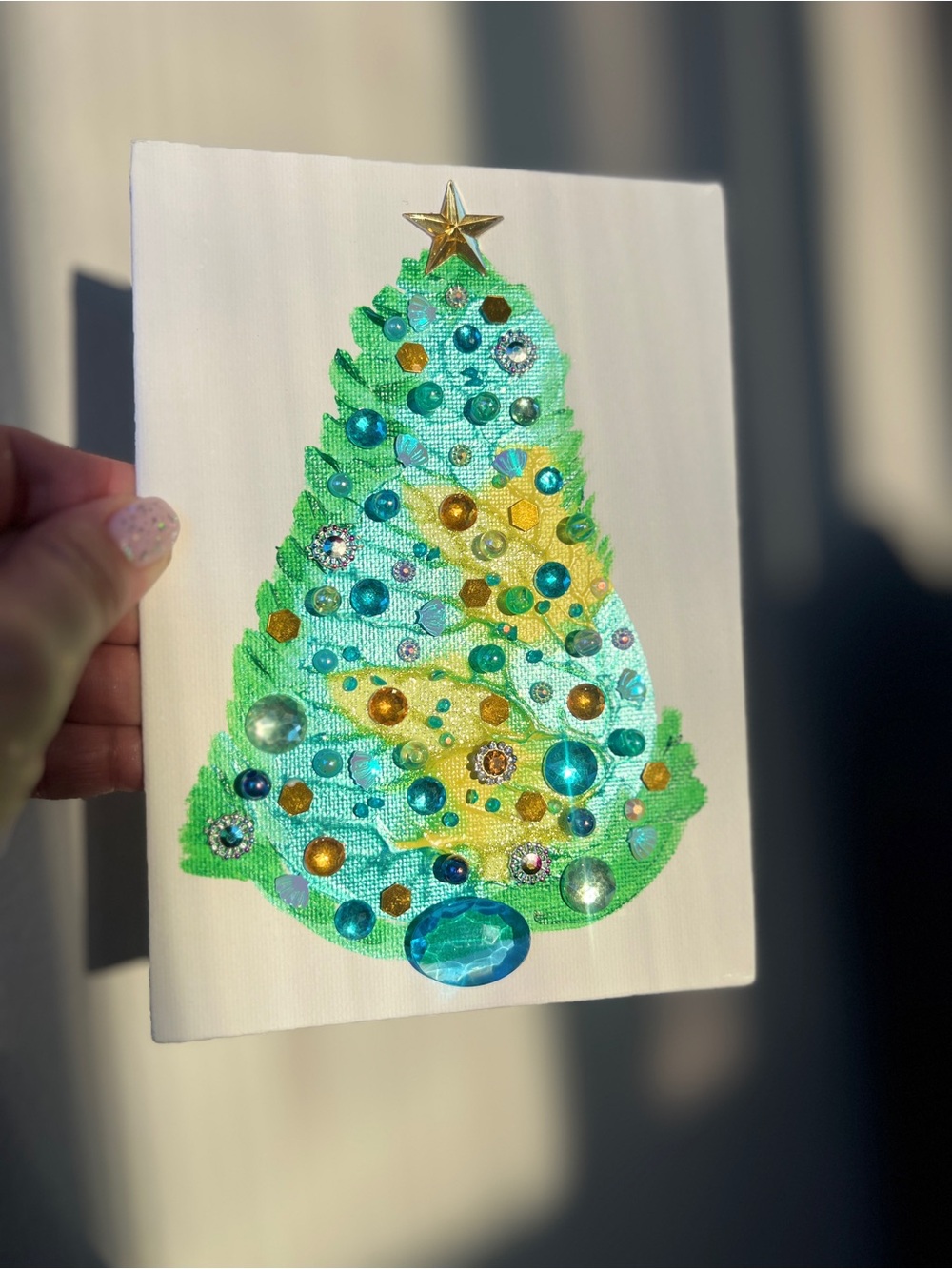 Embellished Green & Teal Holiday Tree Canvas Aqua & Gold Jeweled Christmas Tree - Picture 7 of 10